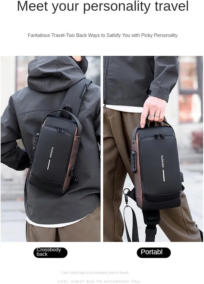 Men's Chest Bag, Shoulder bags,Crossbody Sling Backpack, Coded lock, USB port, Water proof. (pure black)