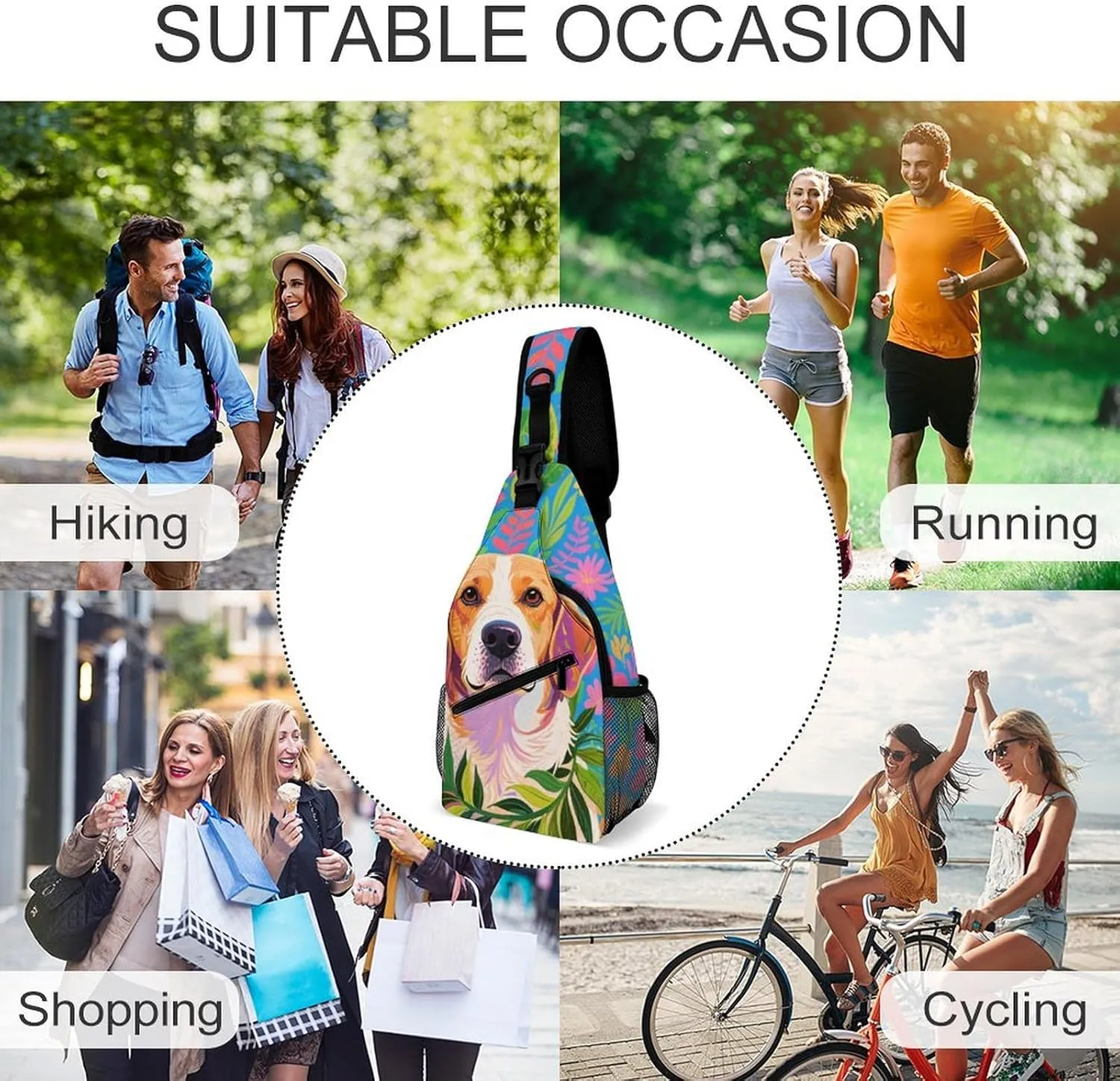 Men's Sling Backpack Packable Unbalance Shoulder Crossbody Bag Chest Pack - Hawaiian Flowers Floral Dog Art Multipurpose Anti-Theft Backpacking Bag With Adjustable Shoulder Strap