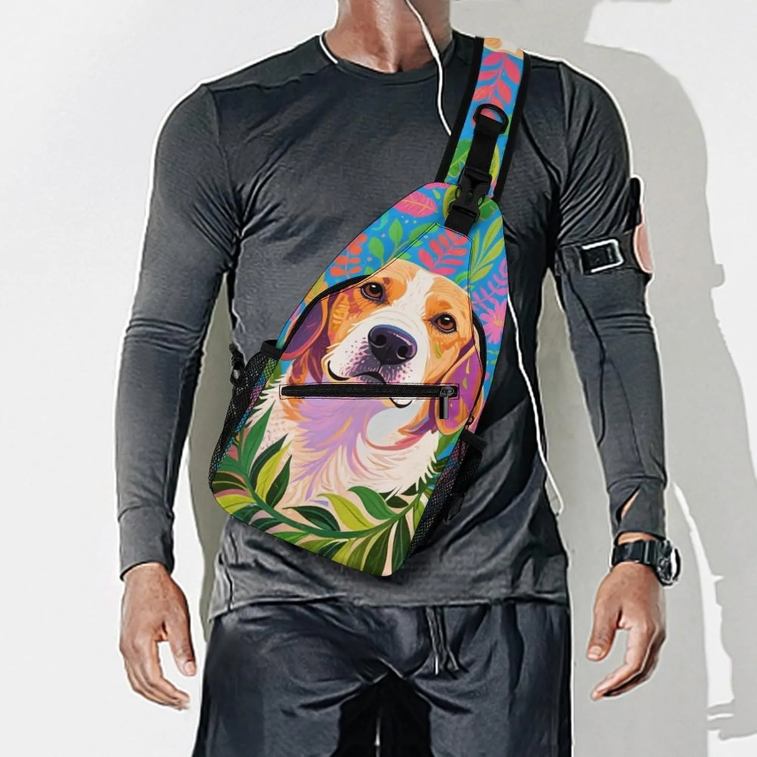 Men's Sling Backpack Packable Unbalance Shoulder Crossbody Bag Chest Pack - Hawaiian Flowers Floral Dog Art Multipurpose Anti-Theft Backpacking Bag With Adjustable Shoulder Strap