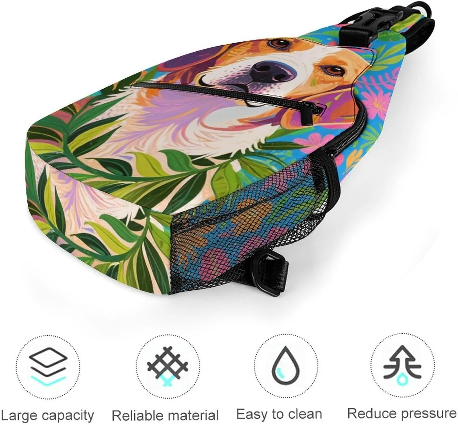 Men's Sling Backpack Packable Unbalance Shoulder Crossbody Bag Chest Pack - Hawaiian Flowers Floral Dog Art Multipurpose Anti-Theft Backpacking Bag With Adjustable Shoulder Strap