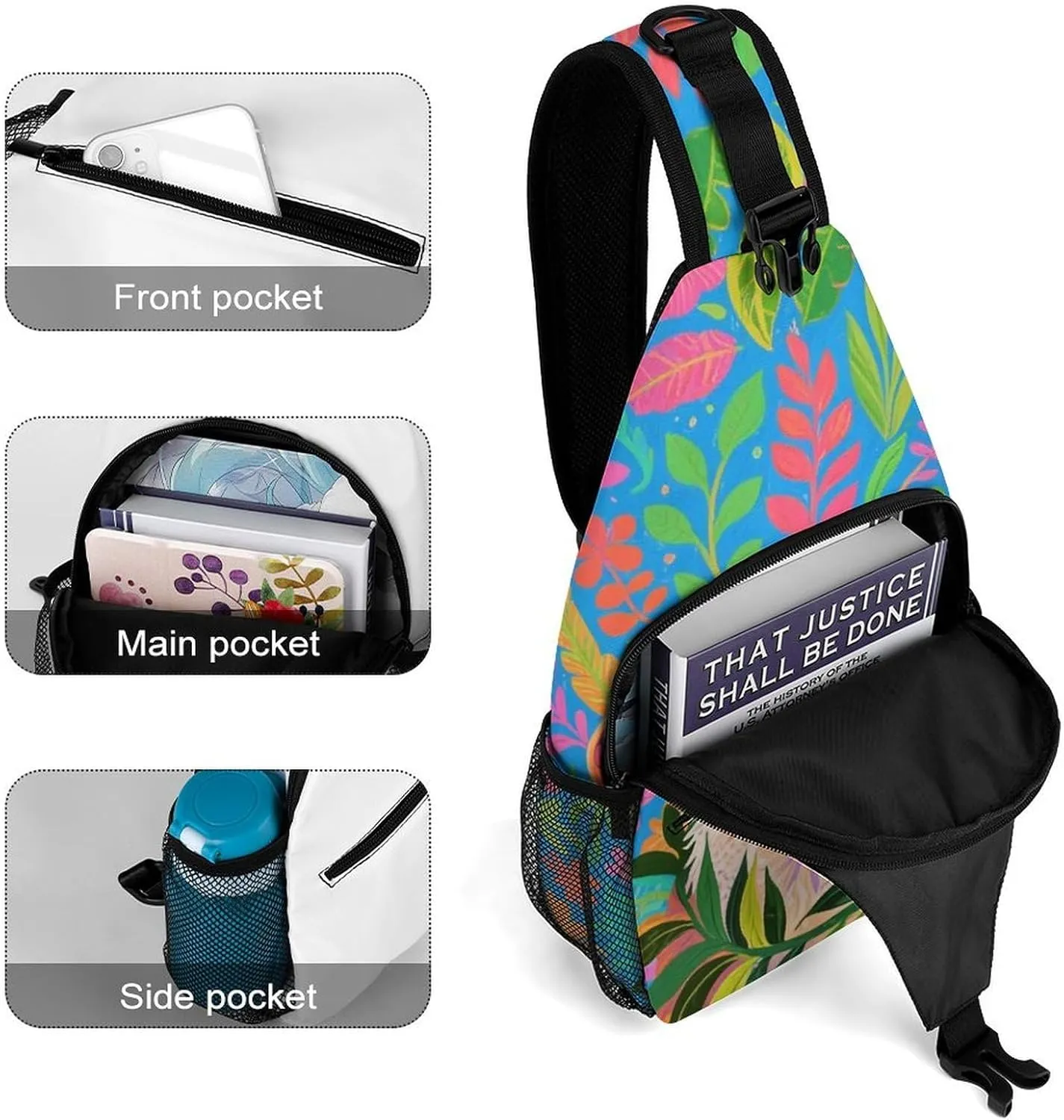 Men's Sling Backpack Packable Unbalance Shoulder Crossbody Bag Chest Pack - Hawaiian Flowers Floral Dog Art Multipurpose Anti-Theft Backpacking Bag With Adjustable Shoulder Strap