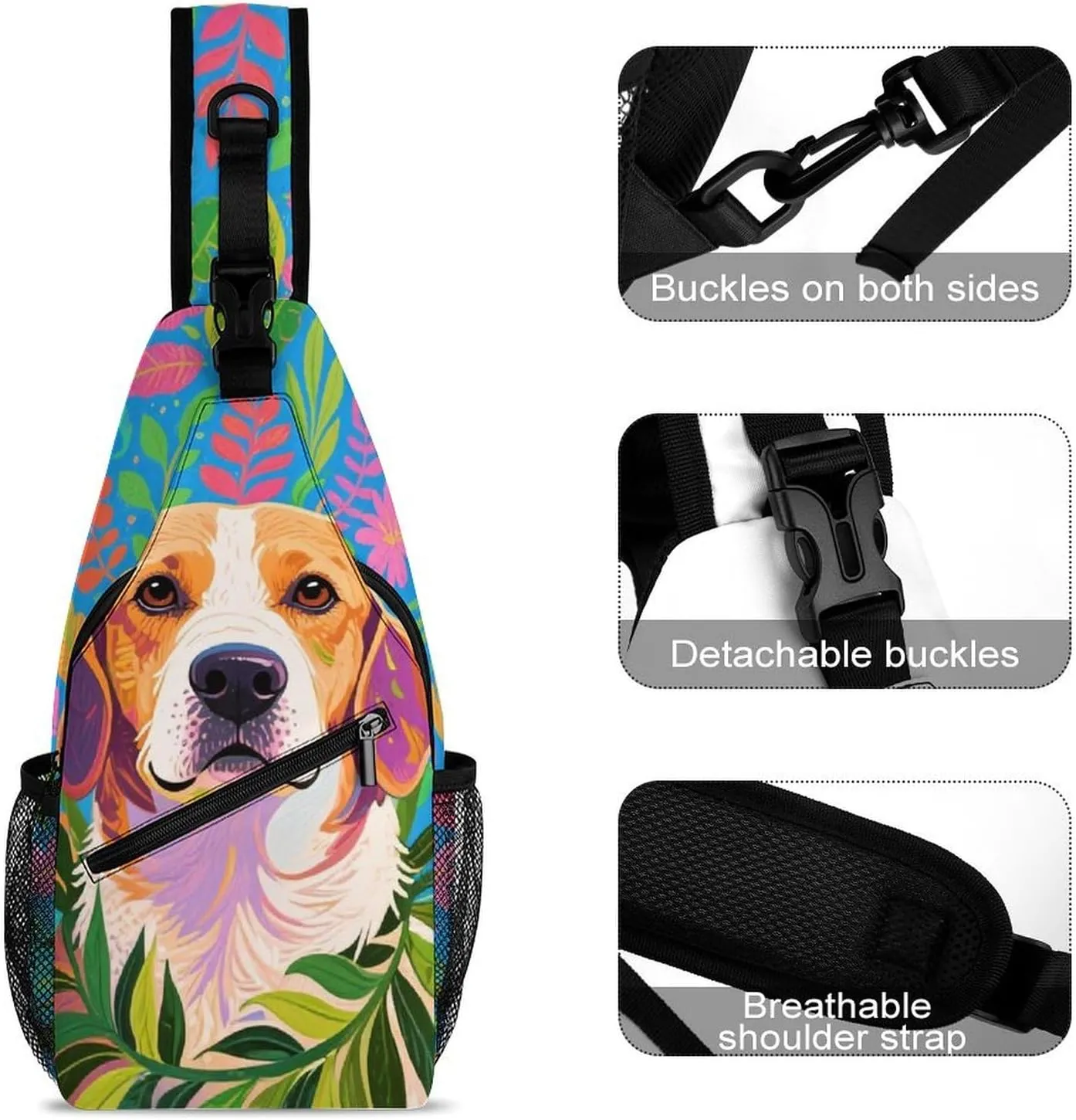 Men's Sling Backpack Packable Unbalance Shoulder Crossbody Bag Chest Pack - Hawaiian Flowers Floral Dog Art Multipurpose Anti-Theft Backpacking Bag With Adjustable Shoulder Strap