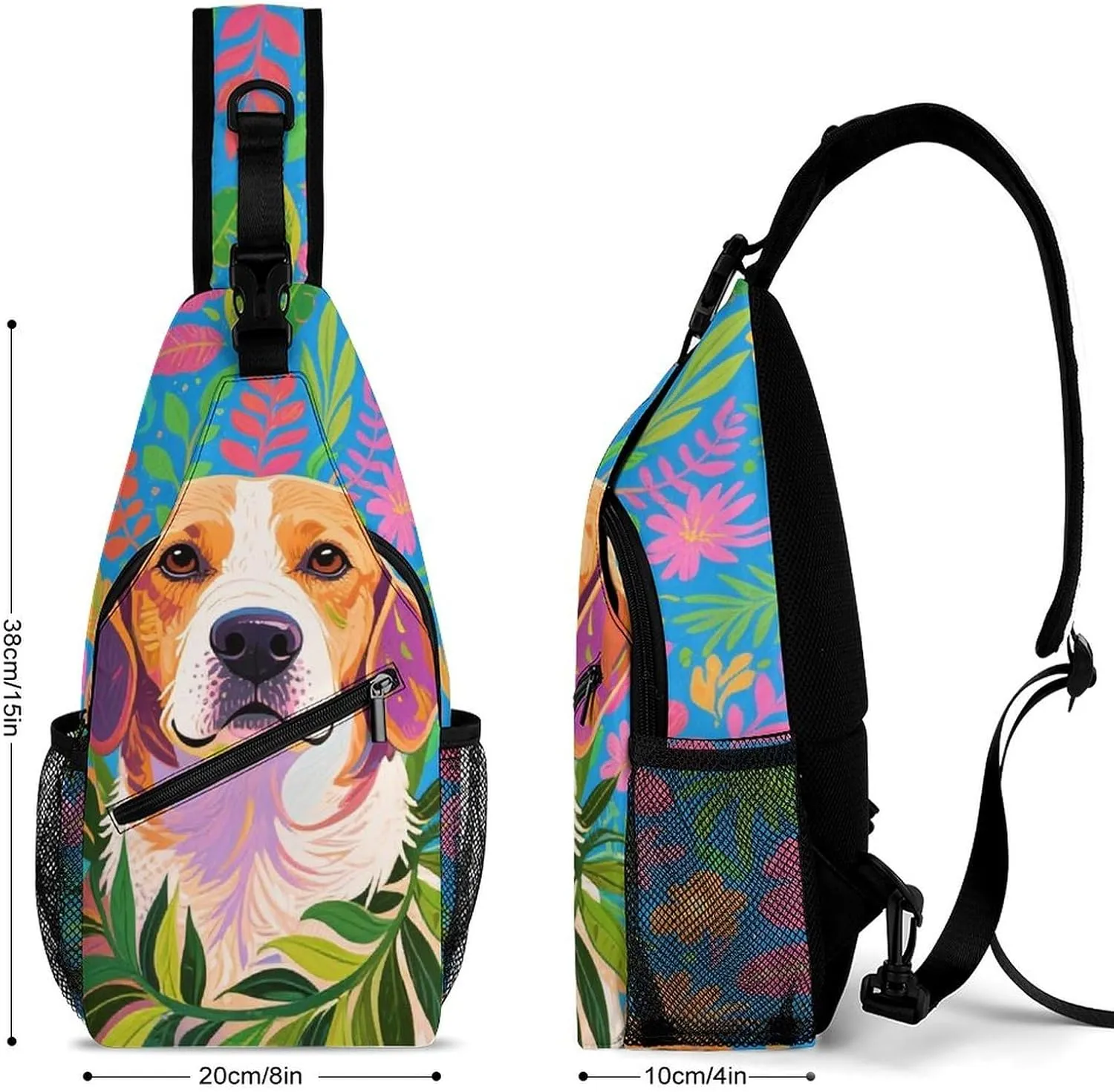 Men's Sling Backpack Packable Unbalance Shoulder Crossbody Bag Chest Pack - Hawaiian Flowers Floral Dog Art Multipurpose Anti-Theft Backpacking Bag With Adjustable Shoulder Strap