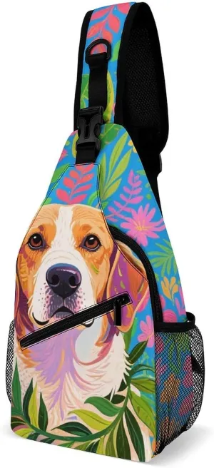 Men's Sling Backpack Packable Unbalance Shoulder Crossbody Bag Chest Pack - Hawaiian Flowers Floral Dog Art Multipurpose Anti-Theft Backpacking Bag With Adjustable Shoulder Strap