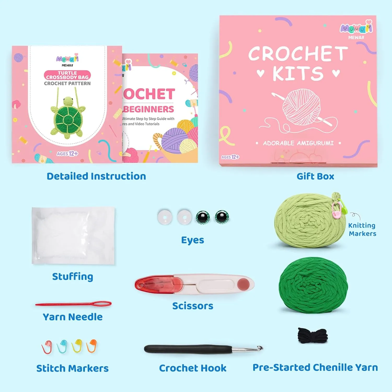Mewaii Crochet Kit for Beginners Level 2 with 40% Extra Eco-Friendly Pre-Started Easy Yarn, Step-by-Step Video Tutorials for Adults and Kids (Turtle Crossbody Bag)