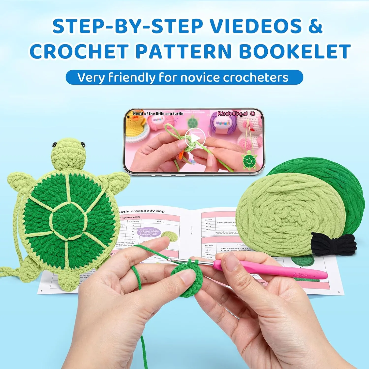 Mewaii Crochet Kit for Beginners Level 2 with 40% Extra Eco-Friendly Pre-Started Easy Yarn, Step-by-Step Video Tutorials for Adults and Kids (Turtle Crossbody Bag)