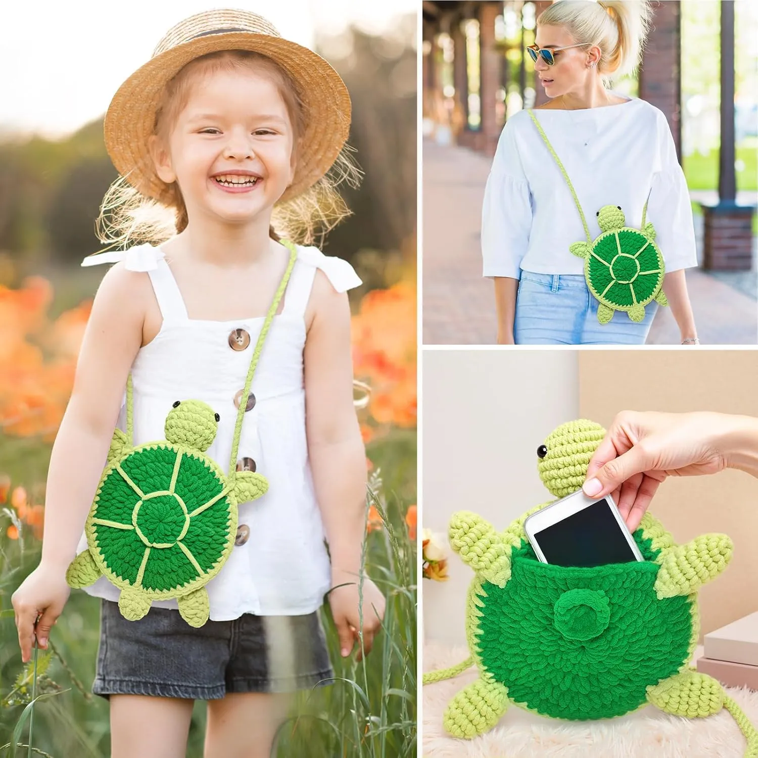 Mewaii Crochet Kit for Beginners Level 2 with 40% Extra Eco-Friendly Pre-Started Easy Yarn, Step-by-Step Video Tutorials for Adults and Kids (Turtle Crossbody Bag)