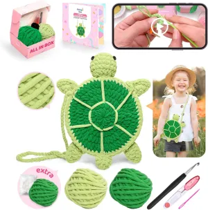 Mewaii Crochet Kit for Beginners Level 2 with 40% Extra Eco-Friendly Pre-Started Easy Yarn, Step-by-Step Video Tutorials for Adults and Kids (Turtle Crossbody Bag)