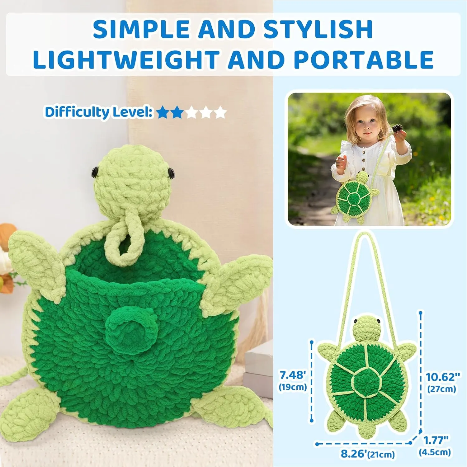 Mewaii Crochet Kit for Beginners Level 2 with 40% Extra Eco-Friendly Pre-Started Easy Yarn, Step-by-Step Video Tutorials for Adults and Kids (Turtle Crossbody Bag)