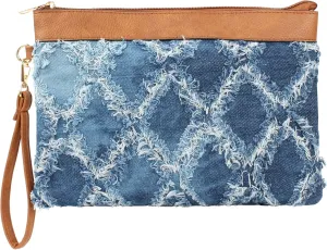 Minache Women Envelope Handbag Quilted Jean Denim Wristlet Clutch Purses PU Leather Zipper Satchel Wallet