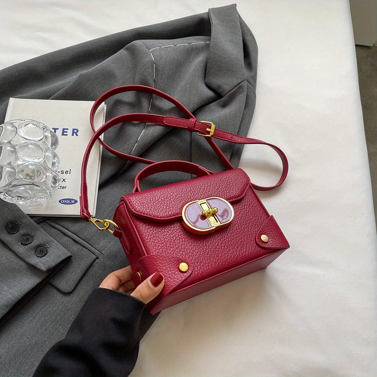 Mini Box Handbag For Women, Turn Lock Crossbody Bag, Fashion PU Leather Square Purses