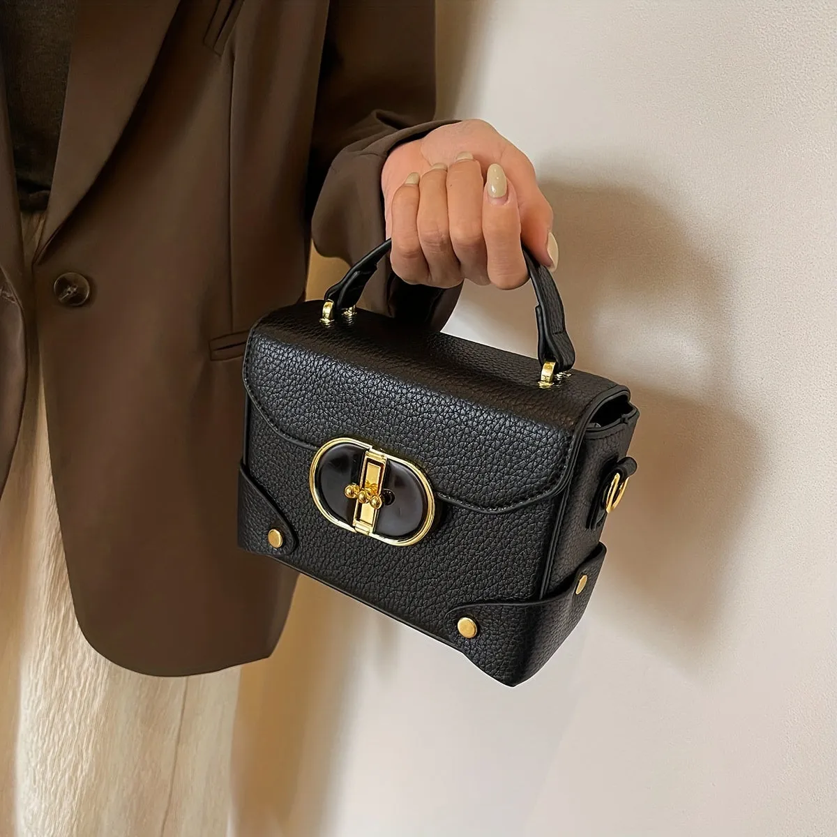 Mini Box Handbag For Women, Turn Lock Crossbody Bag, Fashion PU Leather Square Purses
