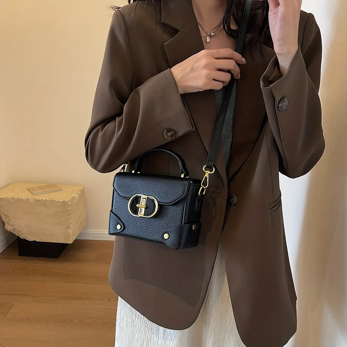 Mini Box Handbag For Women, Turn Lock Crossbody Bag, Fashion PU Leather Square Purses
