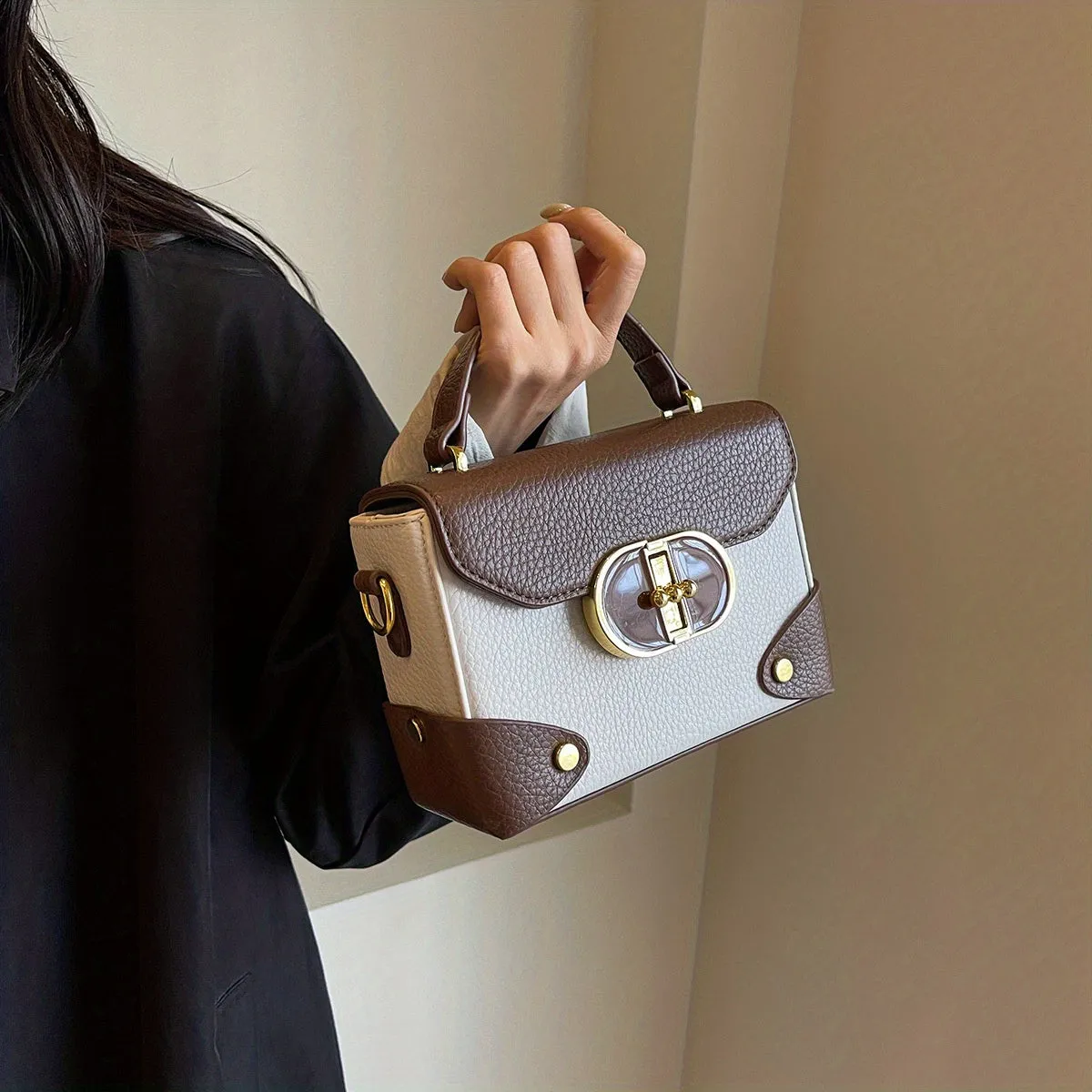 Mini Box Handbag For Women, Turn Lock Crossbody Bag, Fashion PU Leather Square Purses