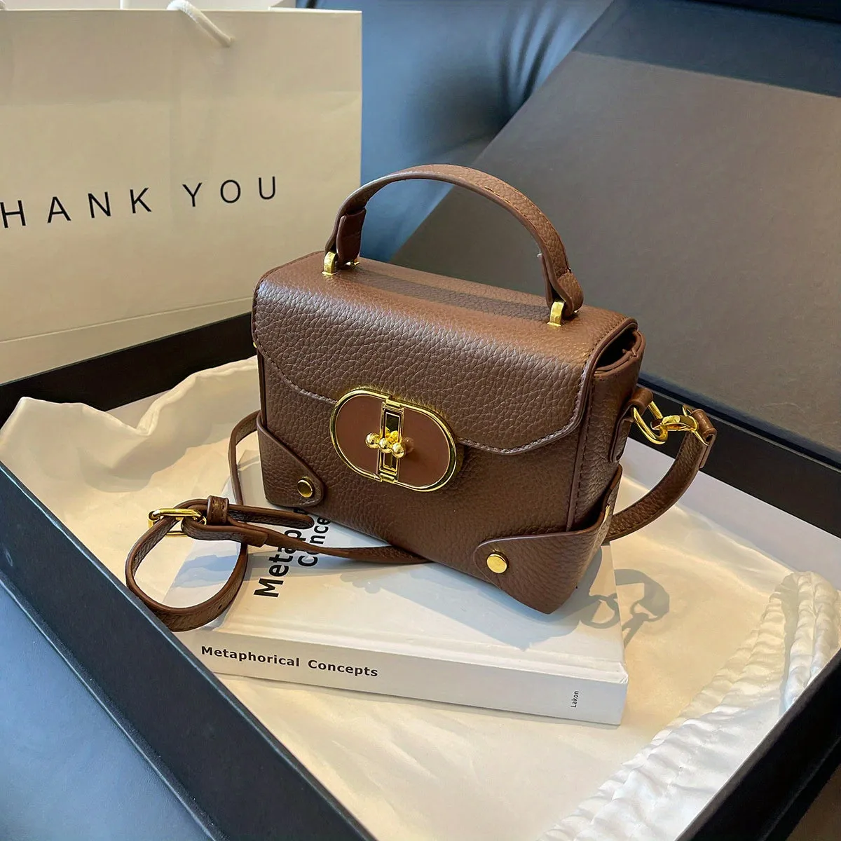 Mini Box Handbag For Women, Turn Lock Crossbody Bag, Fashion PU Leather Square Purses