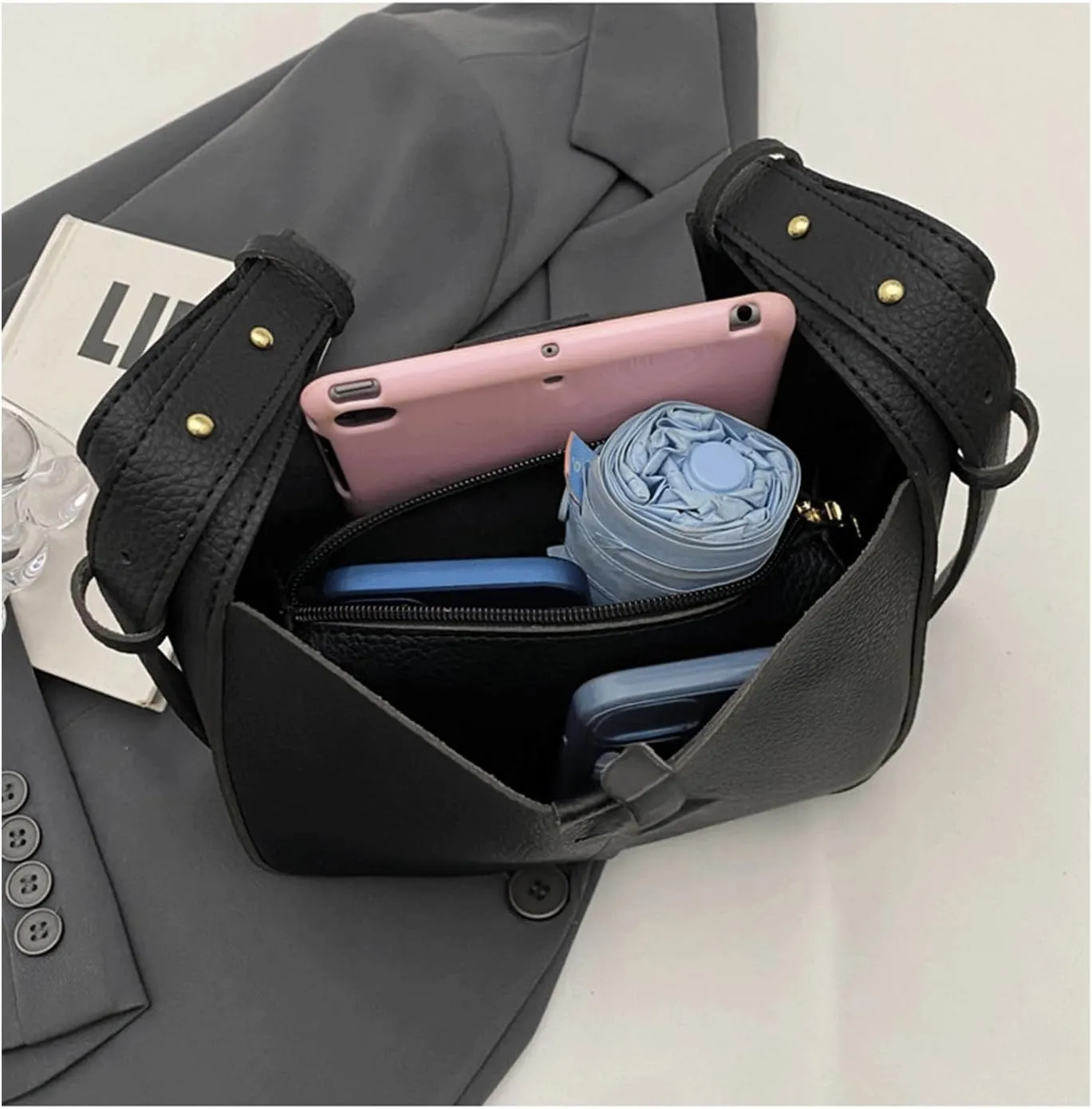 Mini Bucket Bag Peddled Leather Vintage Bucket Purse with Inner Pouch Crossbody Purse Bag Shoulder Handbag
