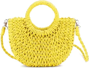 Mini Semi-circle Rattan Straw Bag, Hand-woven Women Summer Retro Beach Tote Shoulder Bag Crossbody Travel Beach Bag
