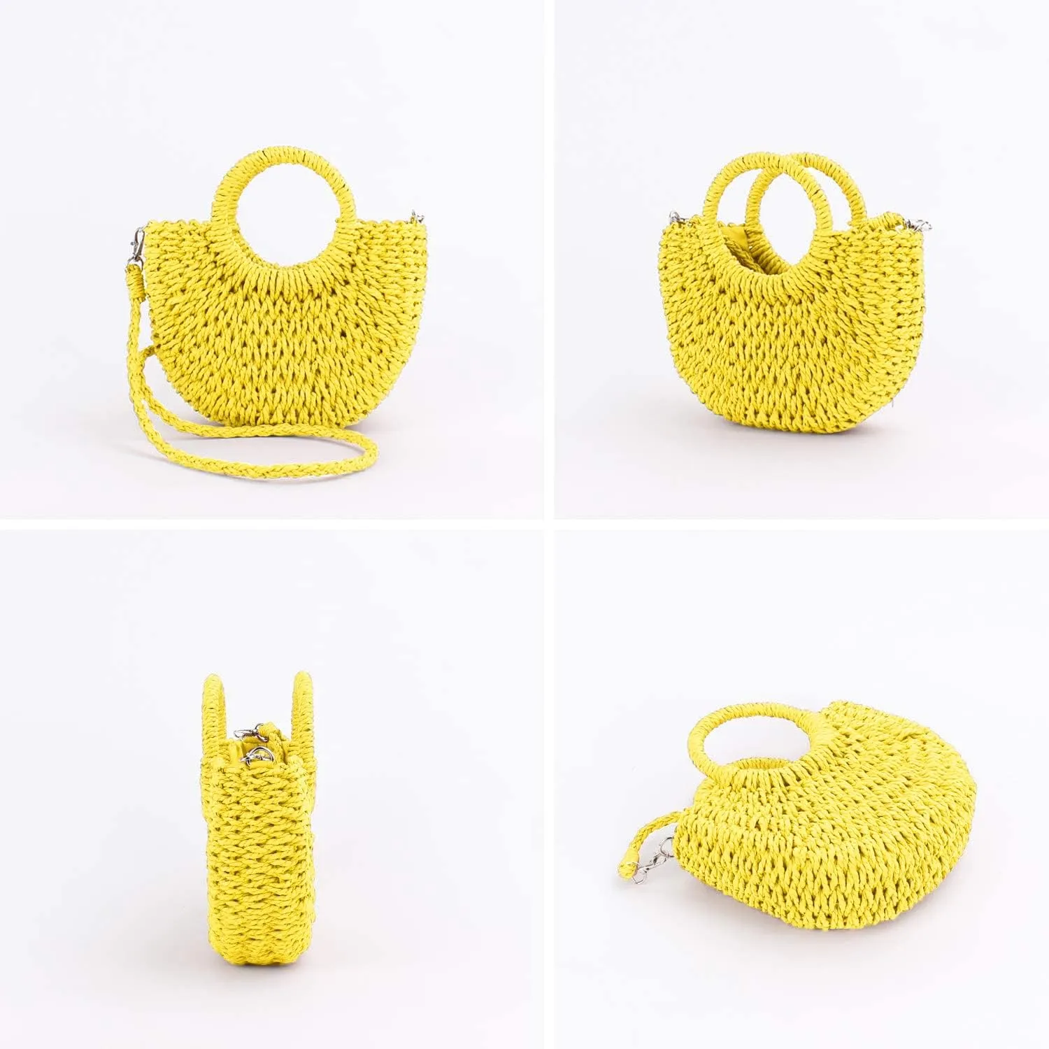 Mini Semi-circle Rattan Straw Bag, Hand-woven Women Summer Retro Beach Tote Shoulder Bag Crossbody Travel Beach Bag