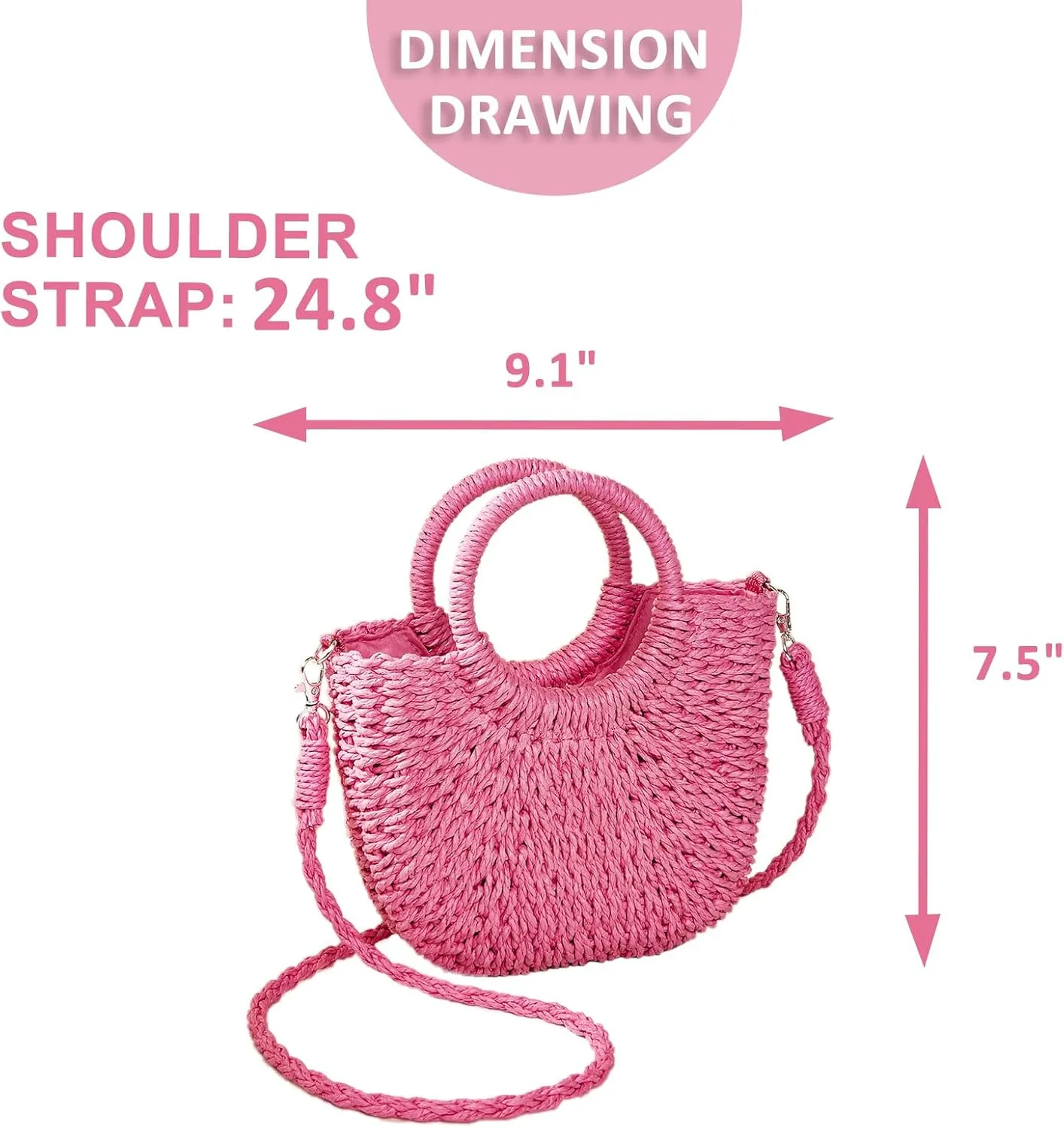 Mini Semi-circle Rattan Straw Bag, Hand-woven Women Summer Retro Beach Tote Shoulder Bag Crossbody Travel Beach Bag
