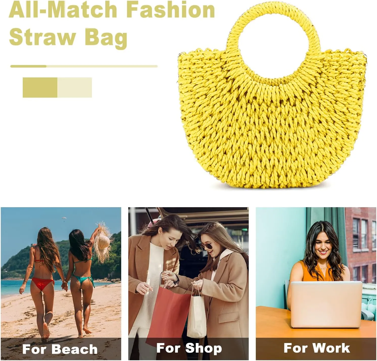Mini Semi-circle Rattan Straw Bag, Hand-woven Women Summer Retro Beach Tote Shoulder Bag Crossbody Travel Beach Bag