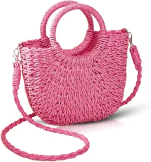 Mini Semi-circle Rattan Straw Bag, Hand-woven Women Summer Retro Beach Tote Shoulder Bag Crossbody Travel Beach Bag