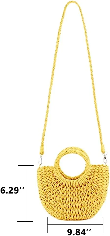 Mini Semi-circle Rattan Straw Bag, Hand-woven Women Summer Retro Beach Tote Shoulder Bag Crossbody Travel Beach Bag