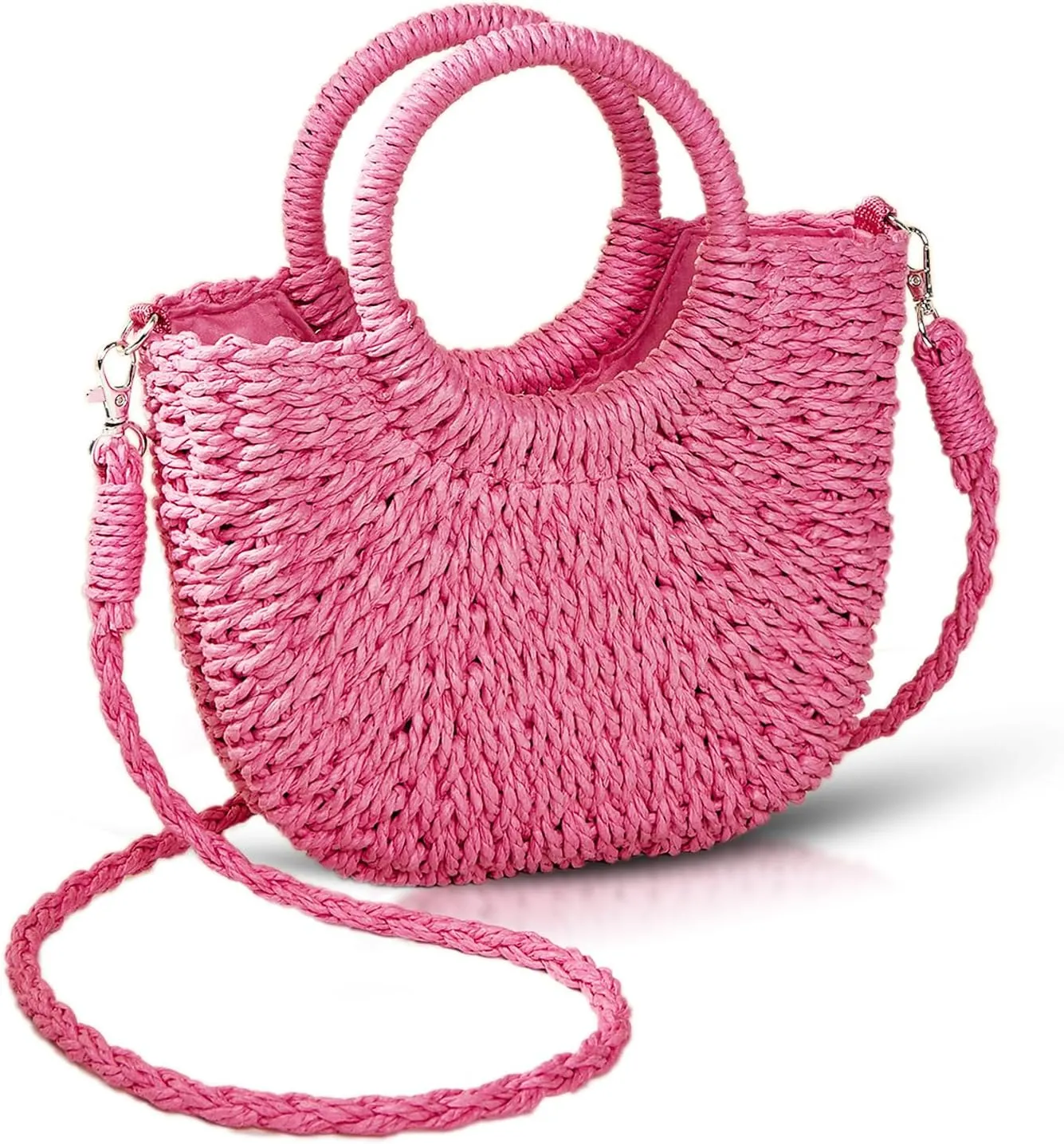 Mini Semi-circle Rattan Straw Bag, Hand-woven Women Summer Retro Beach Tote Shoulder Bag Crossbody Travel Beach Bag