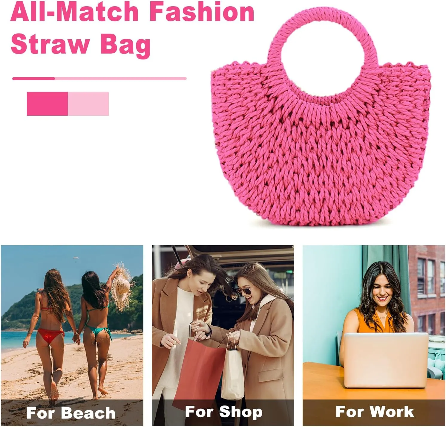 Mini Semi-circle Rattan Straw Bag, Hand-woven Women Summer Retro Beach Tote Shoulder Bag Crossbody Travel Beach Bag