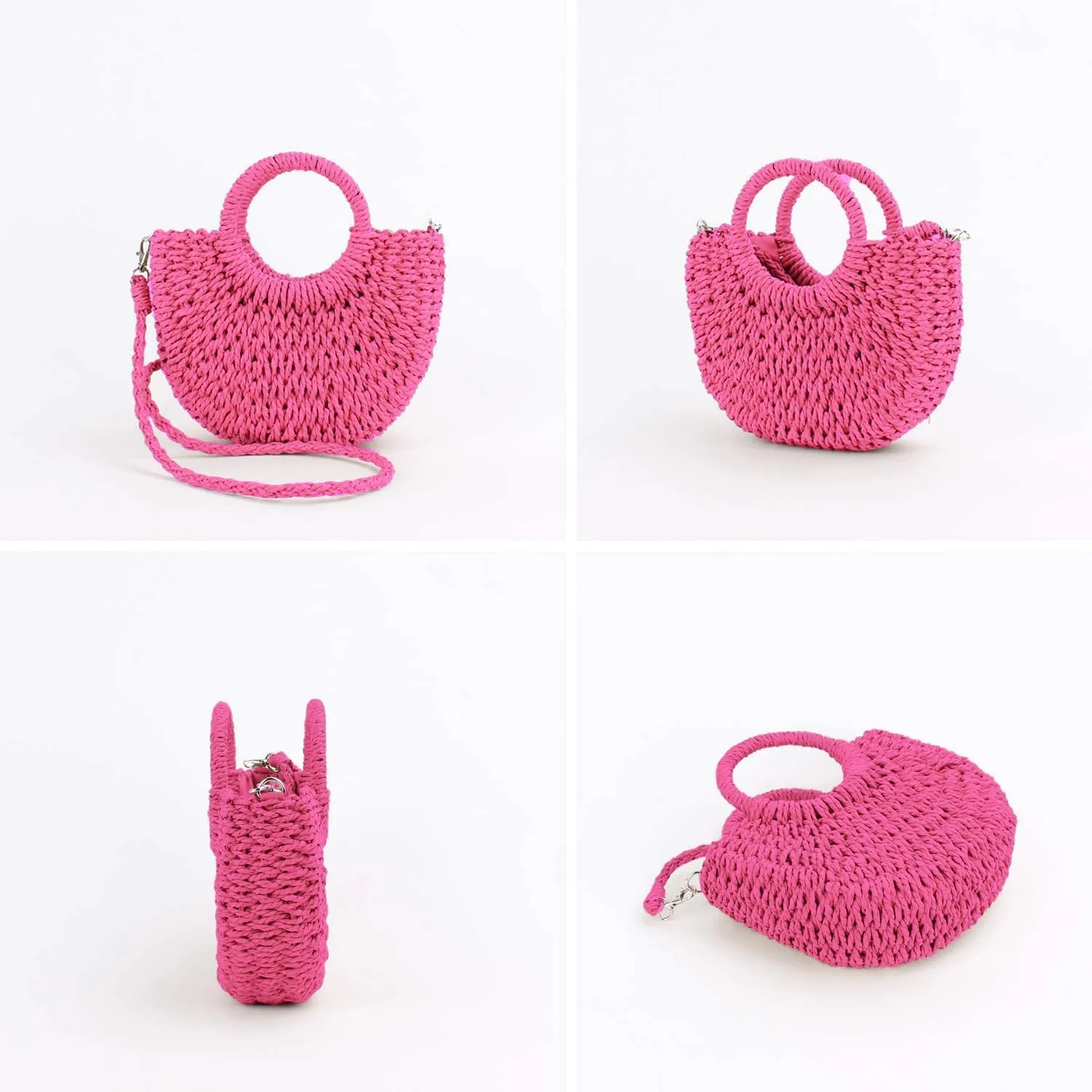 Mini Semi-circle Rattan Straw Bag, Hand-woven Women Summer Retro Beach Tote Shoulder Bag Crossbody Travel Beach Bag