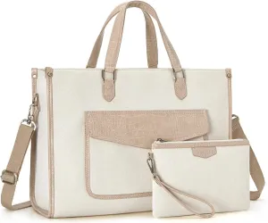 Missnine Laptop Tote Bag for Women 15.6 Inch 2PCS Set, Canvas Work Shoulder Bags with Clutch Purse for Travel, Office, University