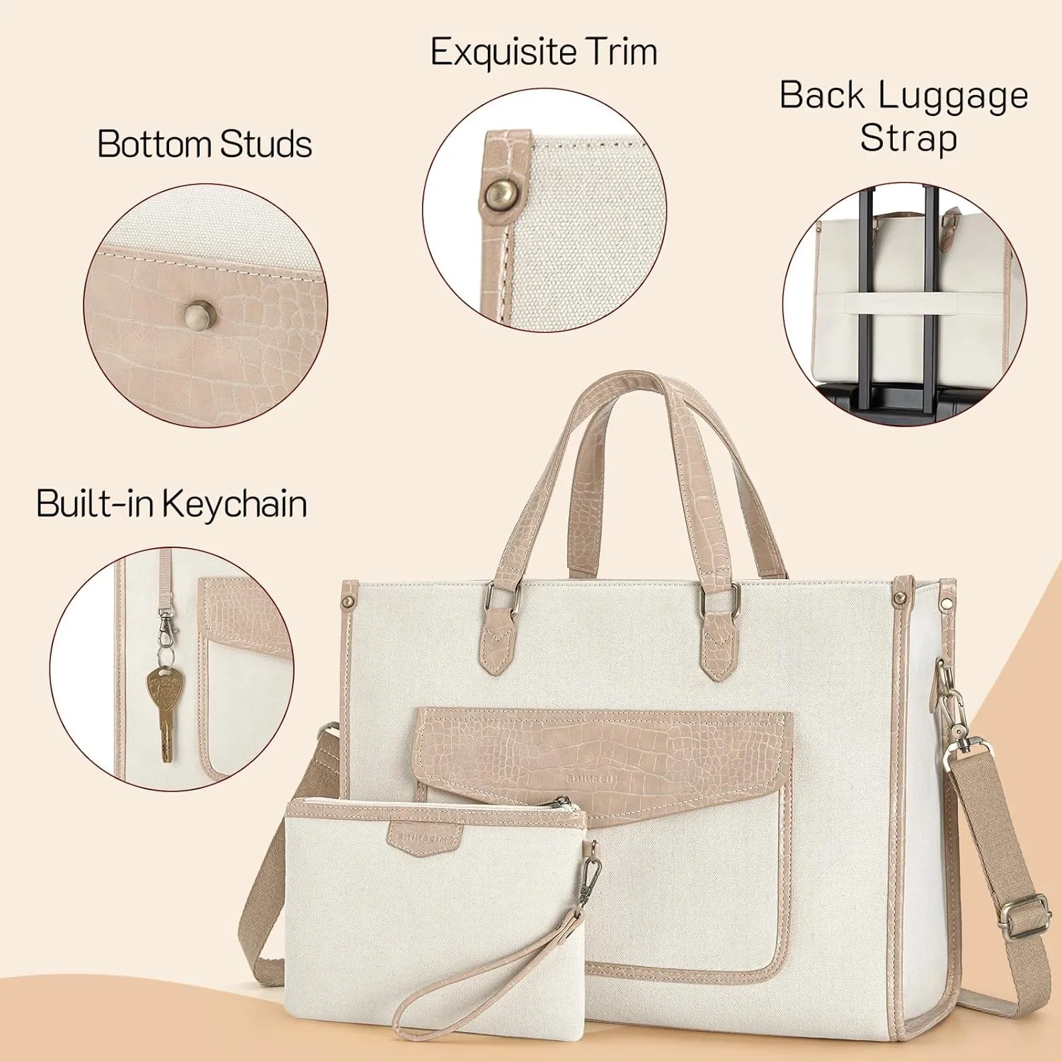 Missnine Laptop Tote Bag for Women 15.6 Inch 2PCS Set, Canvas Work Shoulder Bags with Clutch Purse for Travel, Office, University