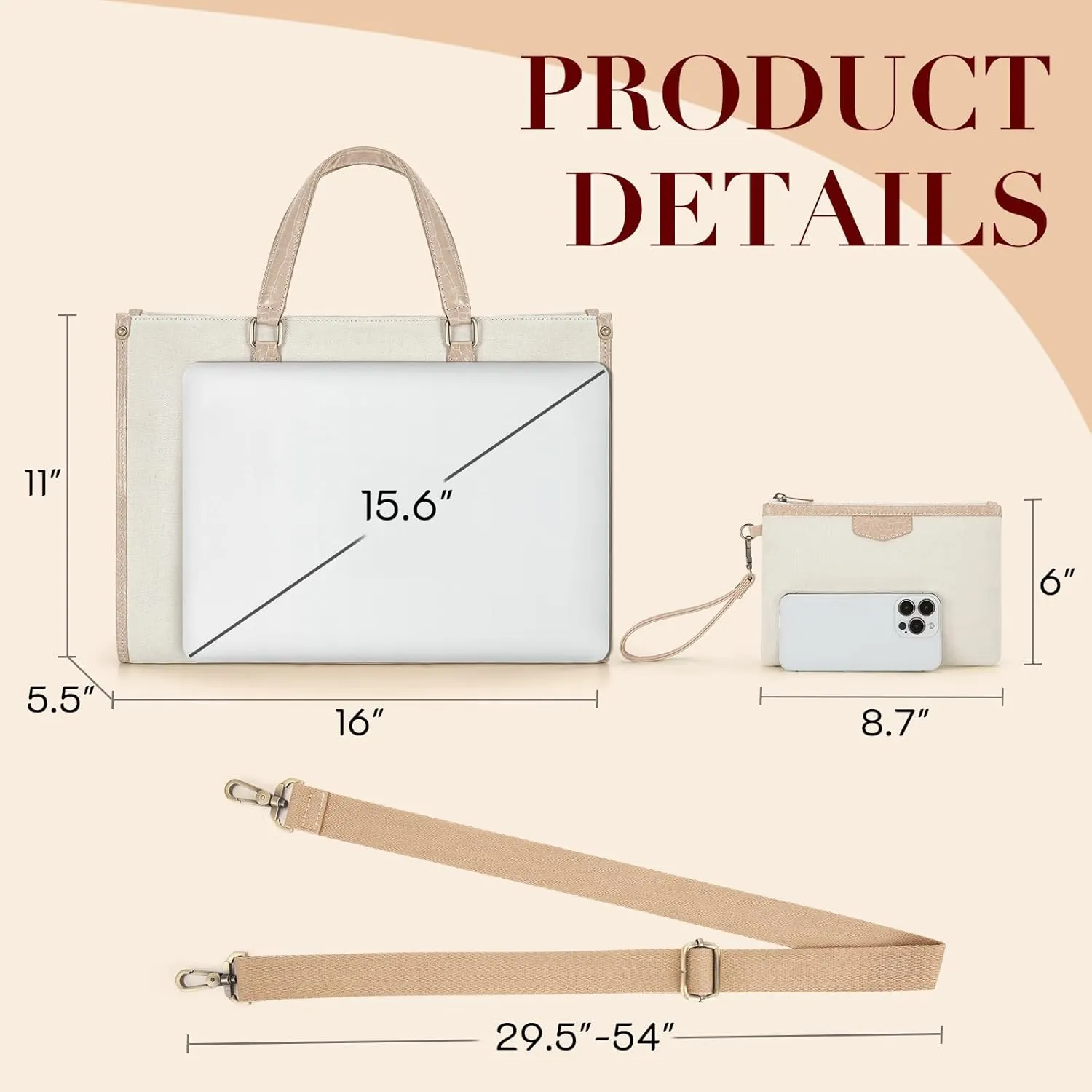 Missnine Laptop Tote Bag for Women 15.6 Inch 2PCS Set, Canvas Work Shoulder Bags with Clutch Purse for Travel, Office, University