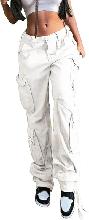 Miyaomn Purses for Women Womens Baggy Cargo Pants Vintage Flap Pocket High Waisted Straight Leg Combat Military Trousers Casual Y2K Streetwear(White,XX-Large)