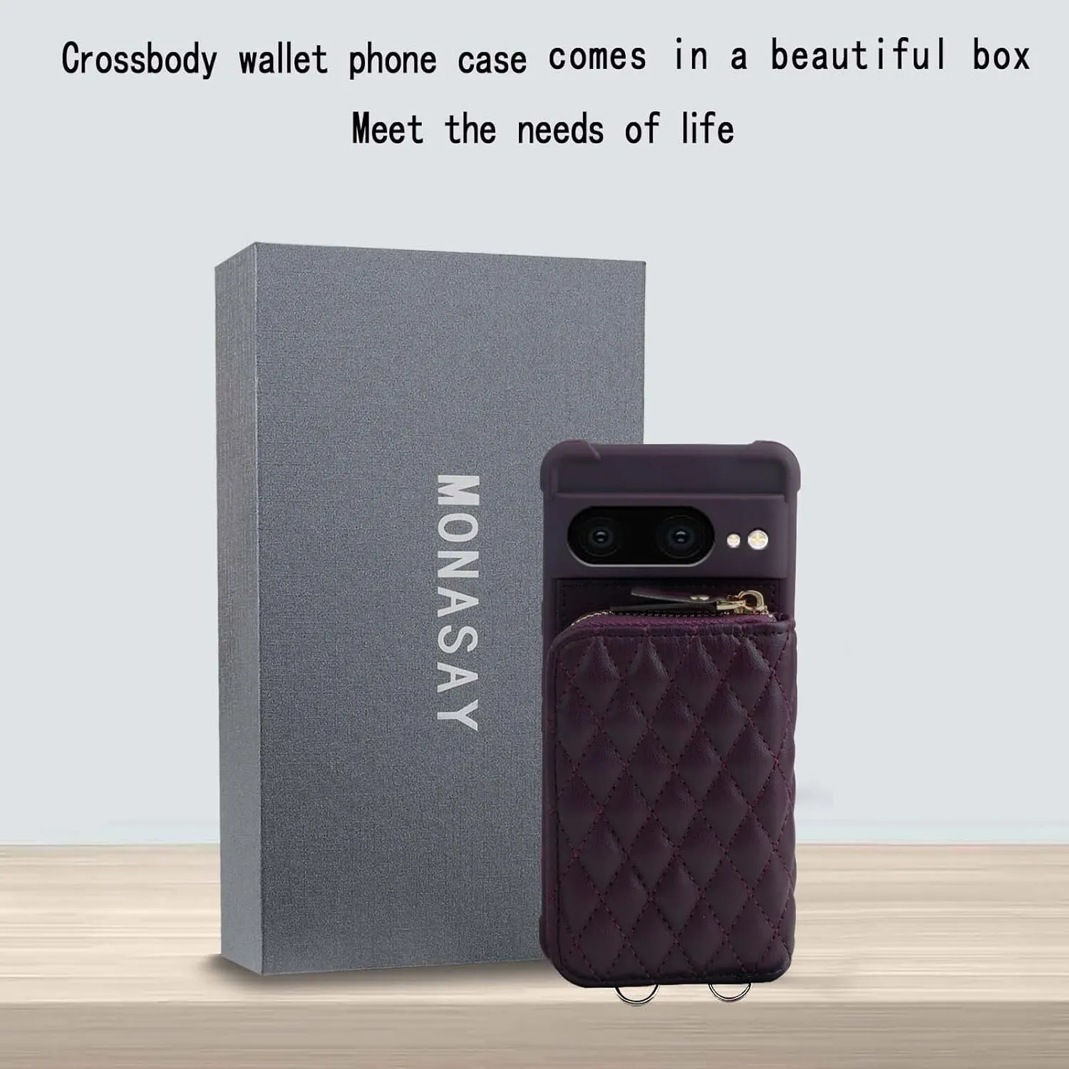 MONASAY Zipper Wallet Case Fit for Google Pixel 7, [Glass Screen Protector ][RFID Blocking] Flip Leather Handbag Phone Cover with Card Holder and Detachable Crossbody Shoulder Lanyard Strap, Purple