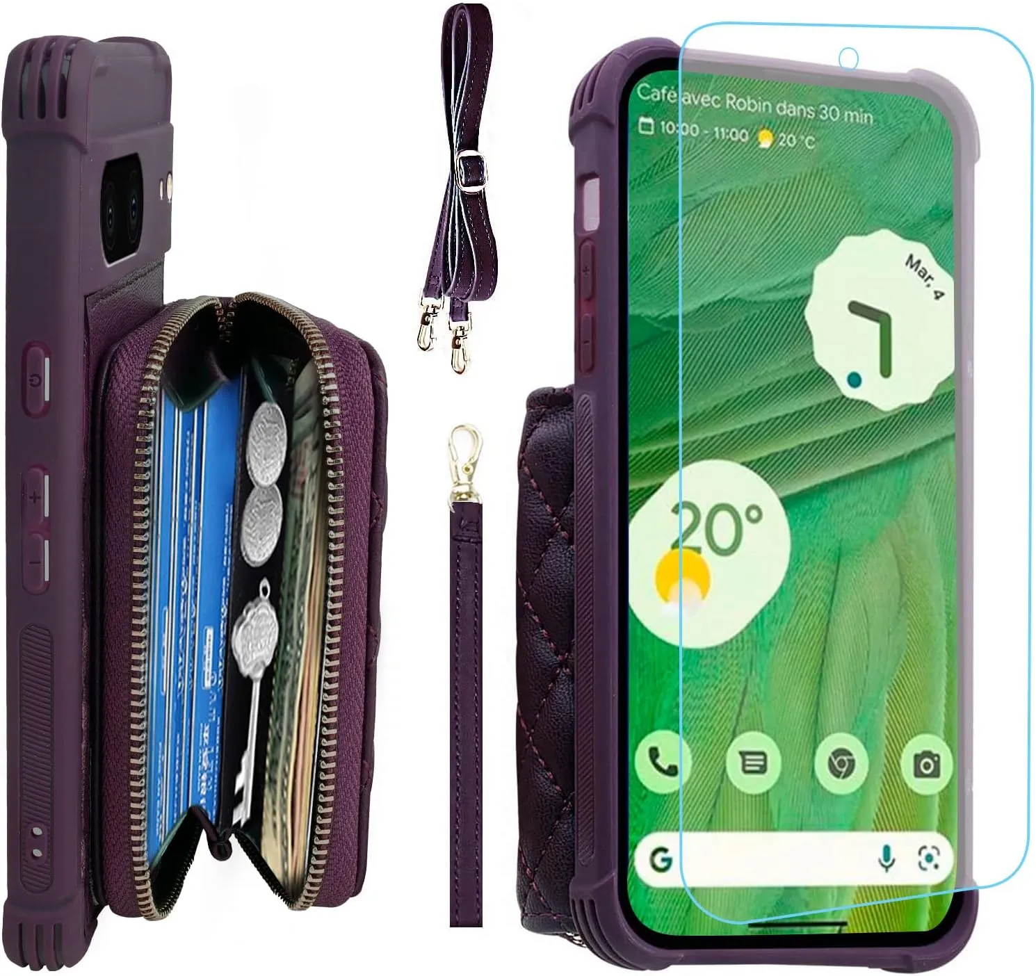 MONASAY Zipper Wallet Case Fit for Google Pixel 7, [Glass Screen Protector ][RFID Blocking] Flip Leather Handbag Phone Cover with Card Holder and Detachable Crossbody Shoulder Lanyard Strap, Purple