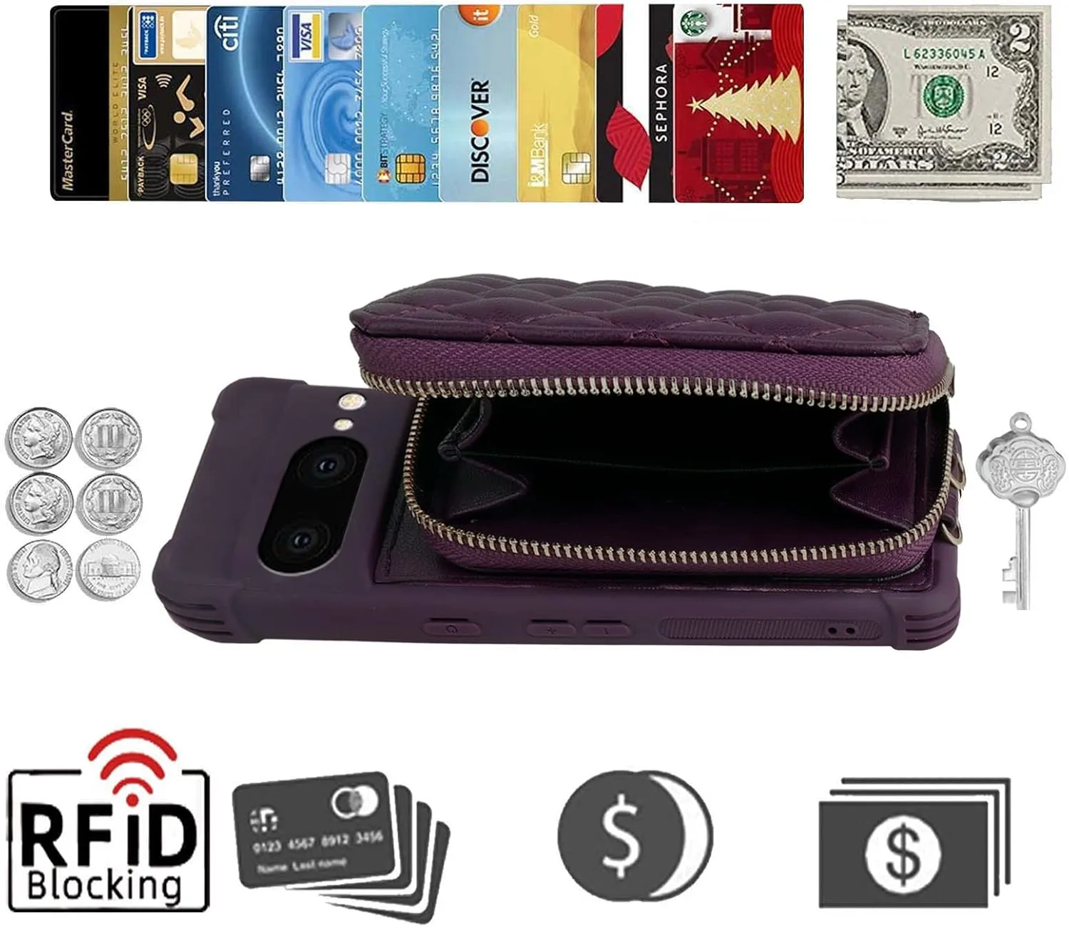 MONASAY Zipper Wallet Case Fit for Google Pixel 7, [Glass Screen Protector ][RFID Blocking] Flip Leather Handbag Phone Cover with Card Holder and Detachable Crossbody Shoulder Lanyard Strap, Purple