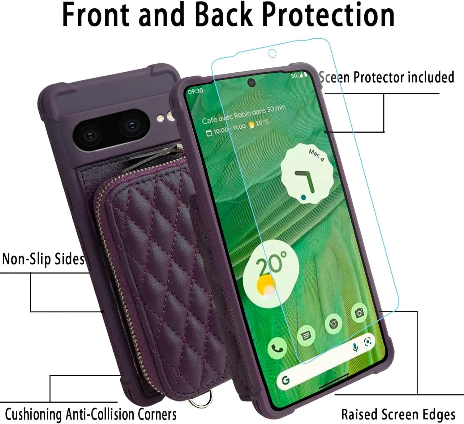 MONASAY Zipper Wallet Case Fit for Google Pixel 7, [Glass Screen Protector ][RFID Blocking] Flip Leather Handbag Phone Cover with Card Holder and Detachable Crossbody Shoulder Lanyard Strap, Purple