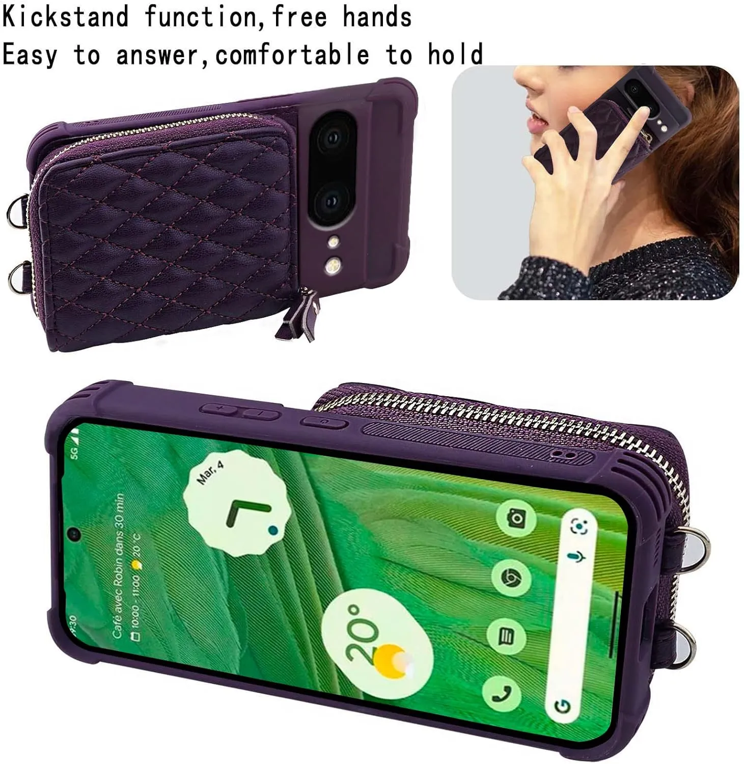 MONASAY Zipper Wallet Case Fit for Google Pixel 7, [Glass Screen Protector ][RFID Blocking] Flip Leather Handbag Phone Cover with Card Holder and Detachable Crossbody Shoulder Lanyard Strap, Purple