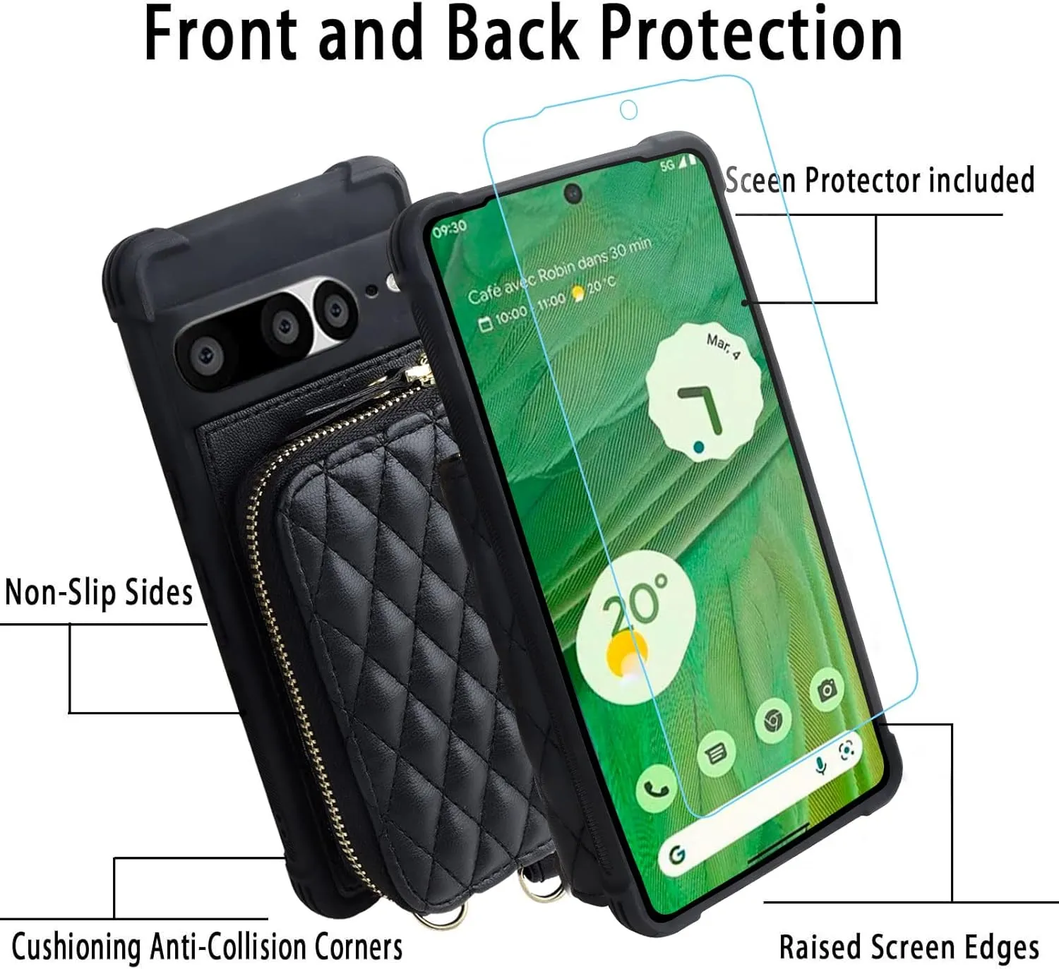 MONASAY Zipper Wallet Case Fit for Google Pixel 7 Pro[Glass Screen Protector][RFID Blocking] Flip Leather Handbag Phone Cover with Card Holder and Detachable Crossbody Shoulder Lanyard Strap, Black