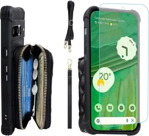 MONASAY Zipper Wallet Case Fit for Google Pixel 7 Pro[Glass Screen Protector][RFID Blocking] Flip Leather Handbag Phone Cover with Card Holder and Detachable Crossbody Shoulder Lanyard Strap, Black