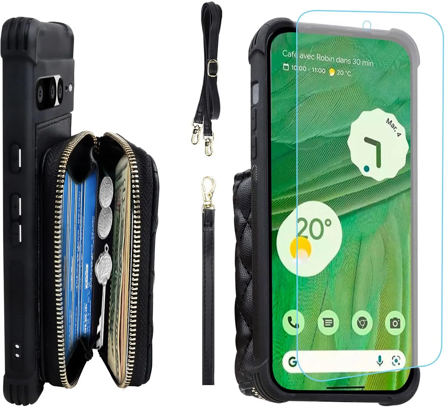 MONASAY Zipper Wallet Case Fit for Google Pixel 7 Pro[Glass Screen Protector][RFID Blocking] Flip Leather Handbag Phone Cover with Card Holder and Detachable Crossbody Shoulder Lanyard Strap, Black