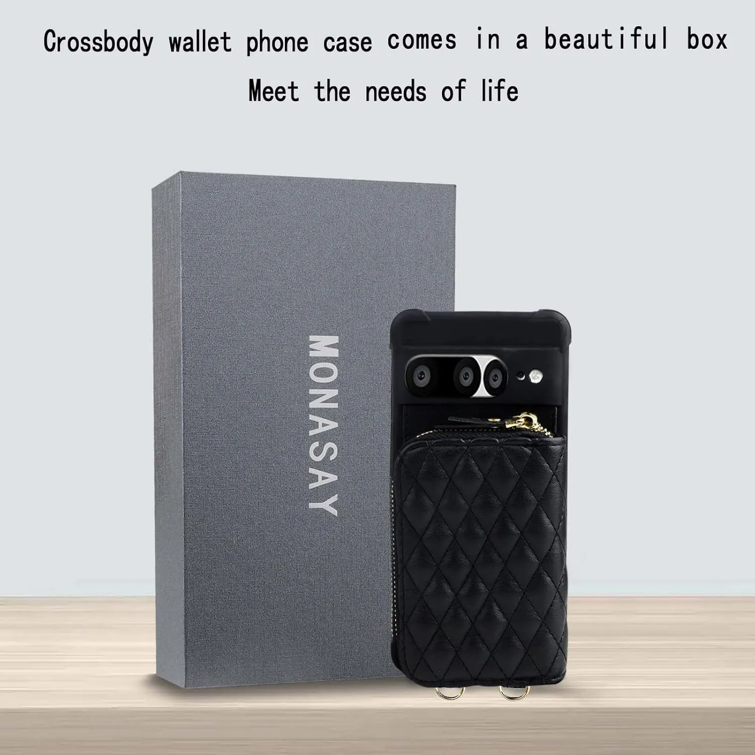 MONASAY Zipper Wallet Case Fit for Google Pixel 7 Pro[Glass Screen Protector][RFID Blocking] Flip Leather Handbag Phone Cover with Card Holder and Detachable Crossbody Shoulder Lanyard Strap, Black