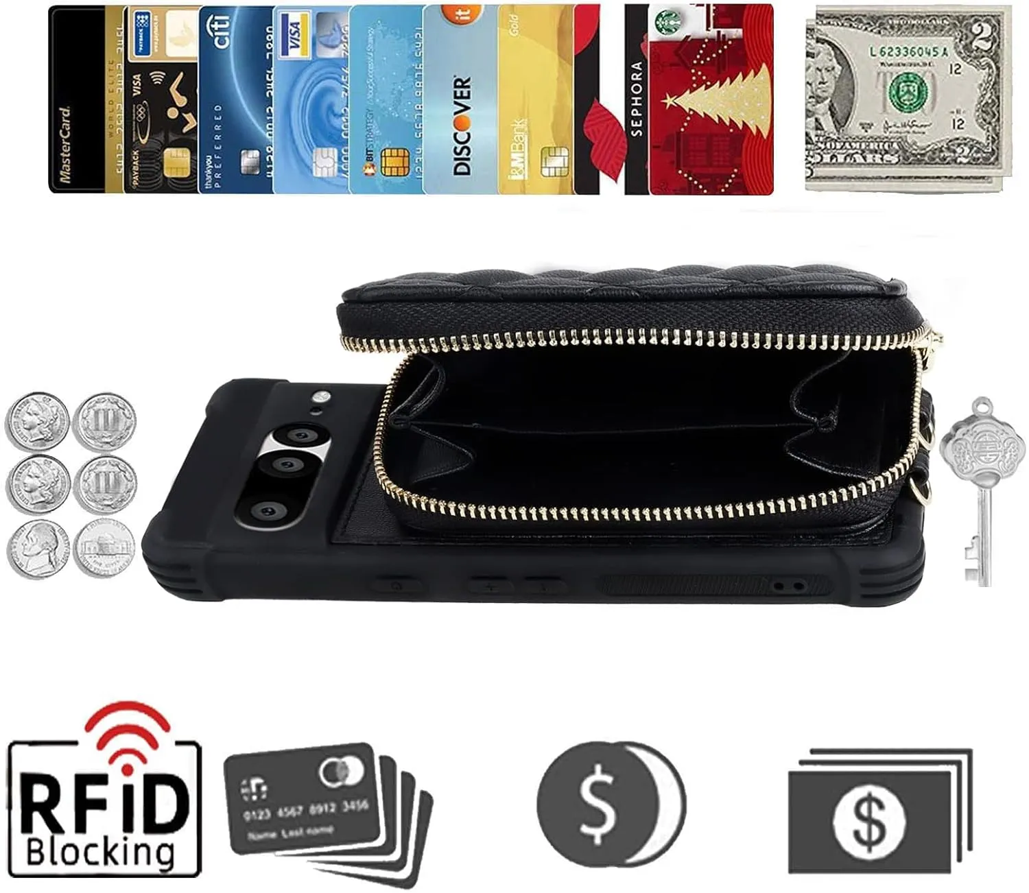 MONASAY Zipper Wallet Case Fit for Google Pixel 7 Pro[Glass Screen Protector][RFID Blocking] Flip Leather Handbag Phone Cover with Card Holder and Detachable Crossbody Shoulder Lanyard Strap, Black