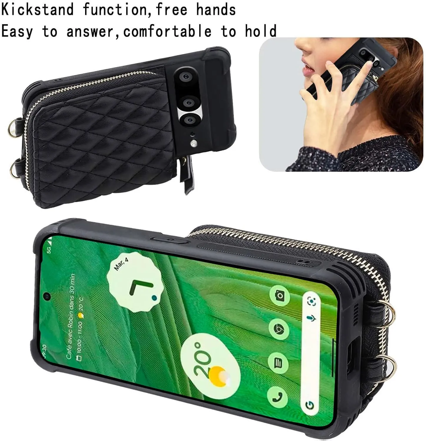 MONASAY Zipper Wallet Case Fit for Google Pixel 7 Pro[Glass Screen Protector][RFID Blocking] Flip Leather Handbag Phone Cover with Card Holder and Detachable Crossbody Shoulder Lanyard Strap, Black