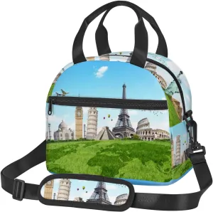 Monuments Of The World,Insulated Reusable Lunch Bag with Adjustable Shoulder Strap for Adults,Famous Historical Monuments of The World,Office Picnic Hiking Beach Tote Bag,Multicolor,9x5x7.8in