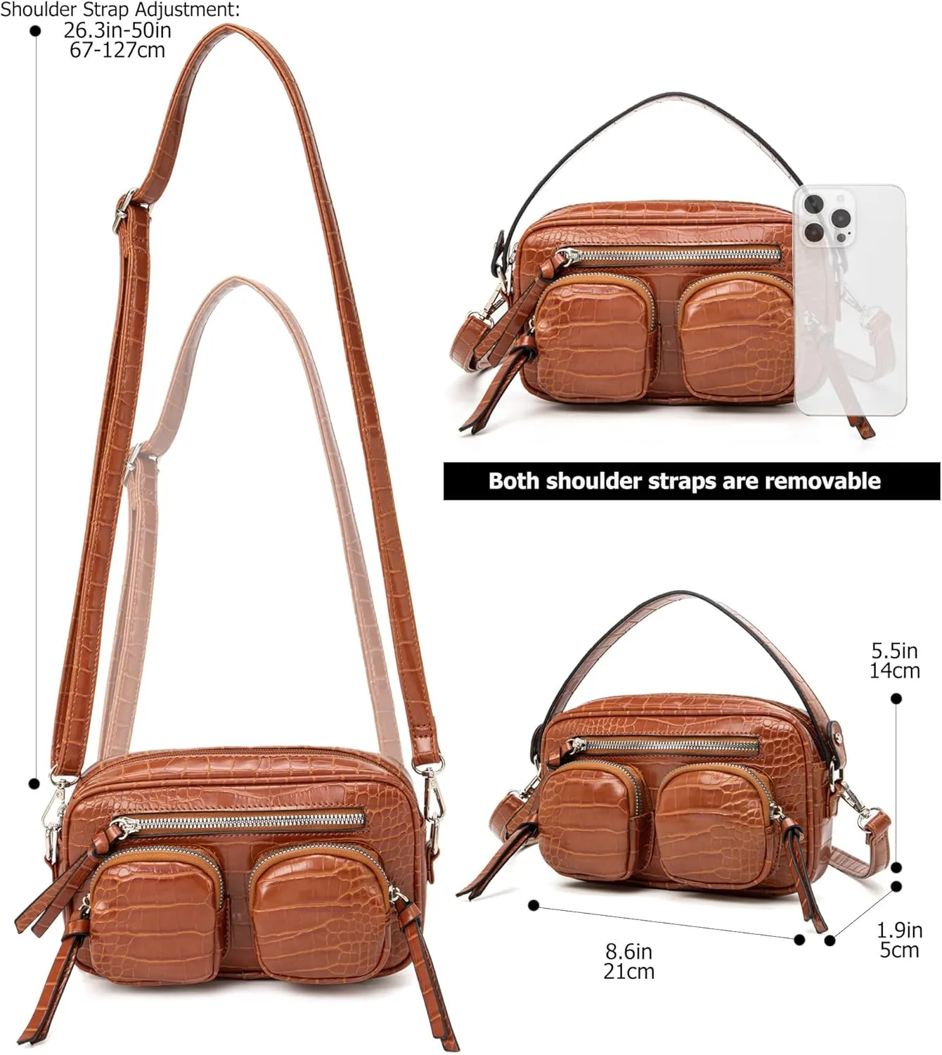myfriday Camera Crossbody Bags for Women Crocodile Pattern Small Leather Shoulder Handbag Purse with Removable Strap