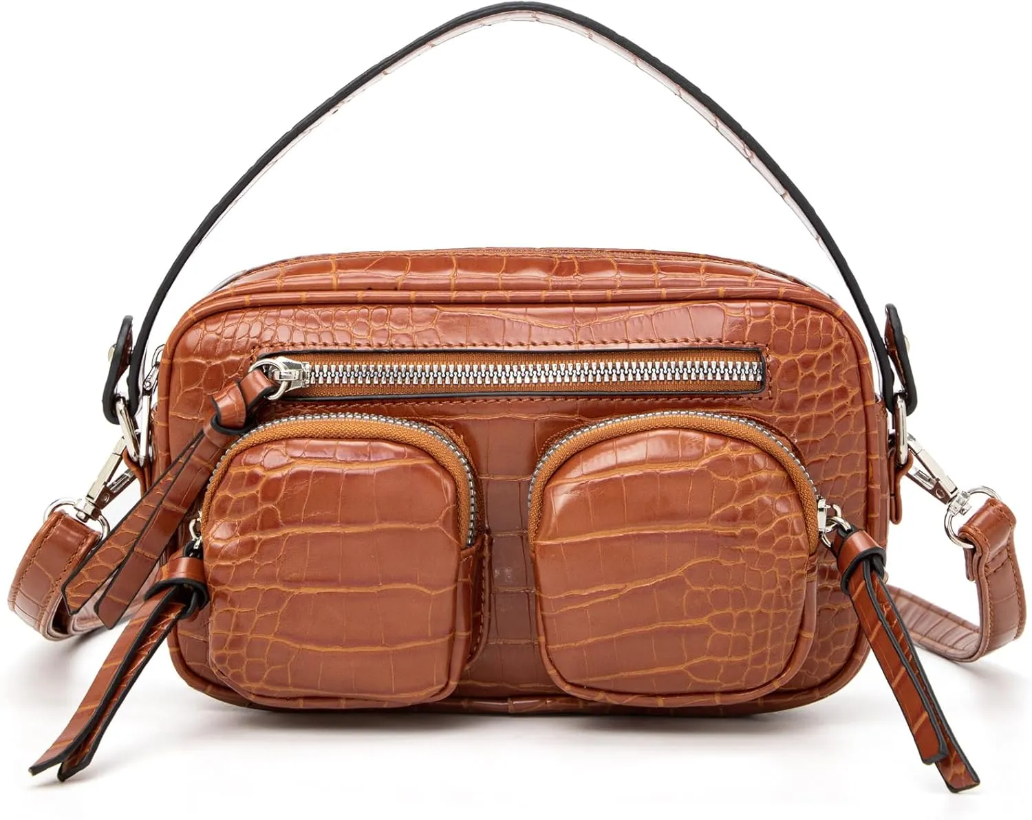 myfriday Camera Crossbody Bags for Women Crocodile Pattern Small Leather Shoulder Handbag Purse with Removable Strap