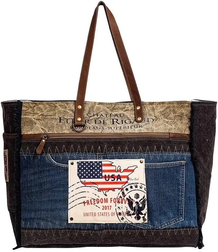 Myra Bag Weekender Bag for Women - Western Upcycled Canvas and Leather Shoulder Bag Denim