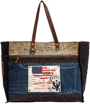 Myra Bag Weekender Bag for Women - Western Upcycled Canvas and Leather Shoulder Bag Denim
