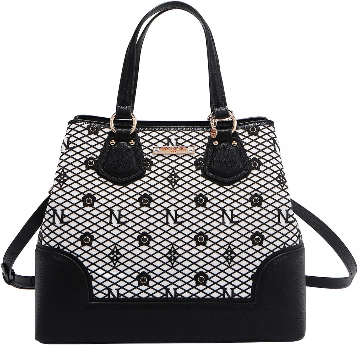 Nicole Lee Vegan Leather Tote, Floral Pattern with Rhinestones, Dual Handles